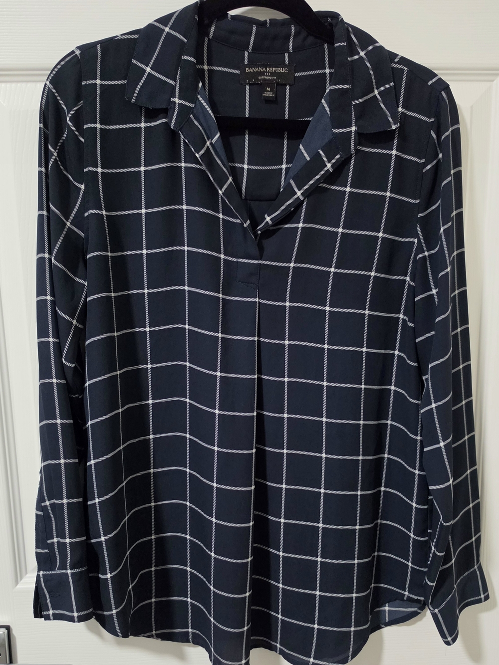 Banana Republic Women’s Navy Grid-Check Button Down Shirt- Boyfriend Fit